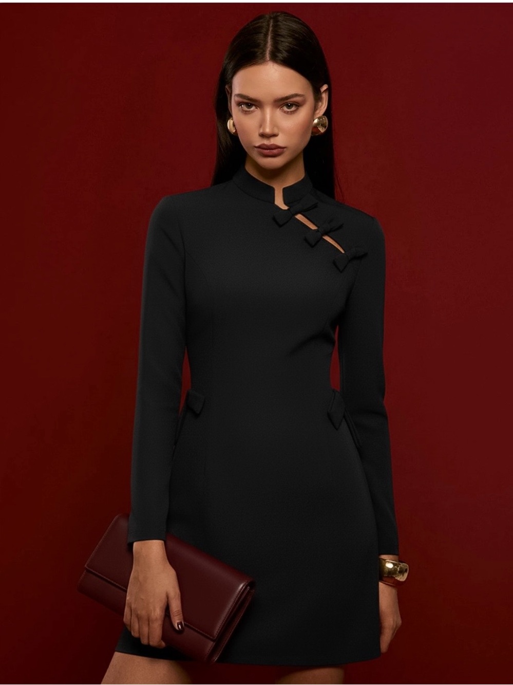 Commense Black Long-Sleeve Mandarin Collar Mini Dress